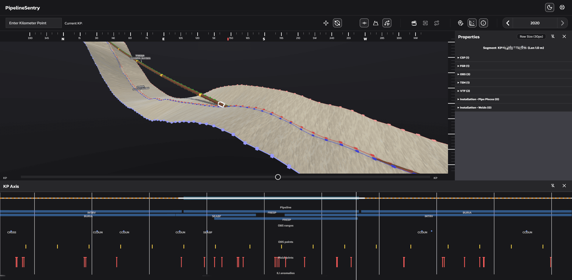 PipelineSentry 3D pipeline visualisation showing segment detail and coating/corrosion context