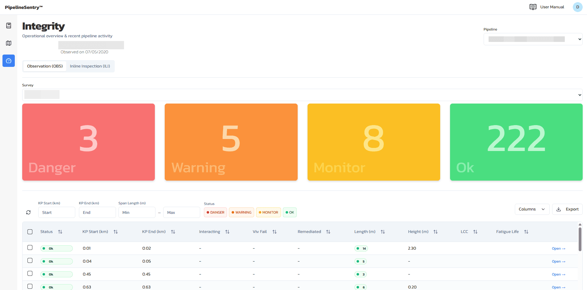 PipelineSentry integrity assessment interface showing rules and findings workflow